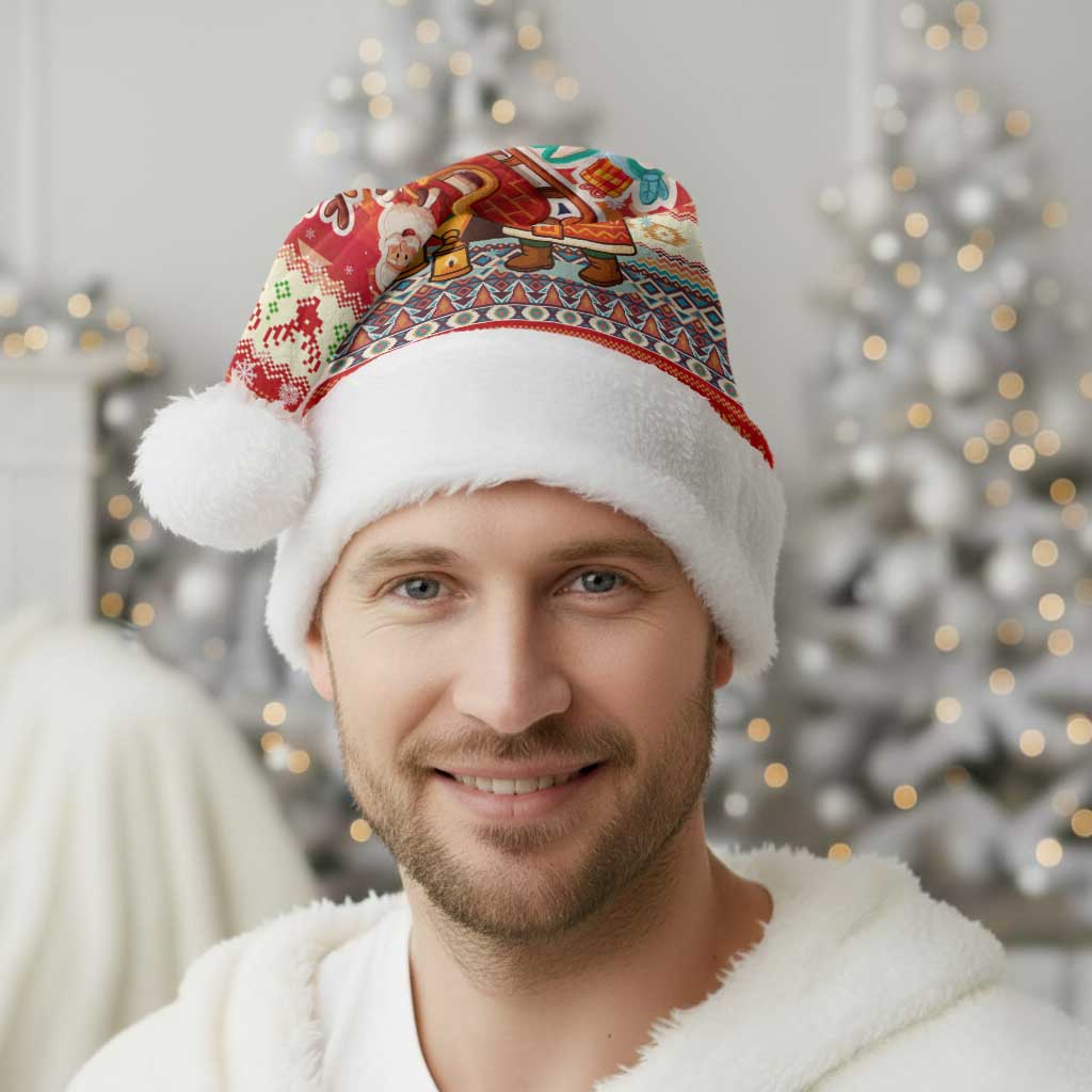 Native American Christmas Santa Hat with Red & Orange Geometric Pattern Santa Claus and Teepee Motif - Wonder Print Shop