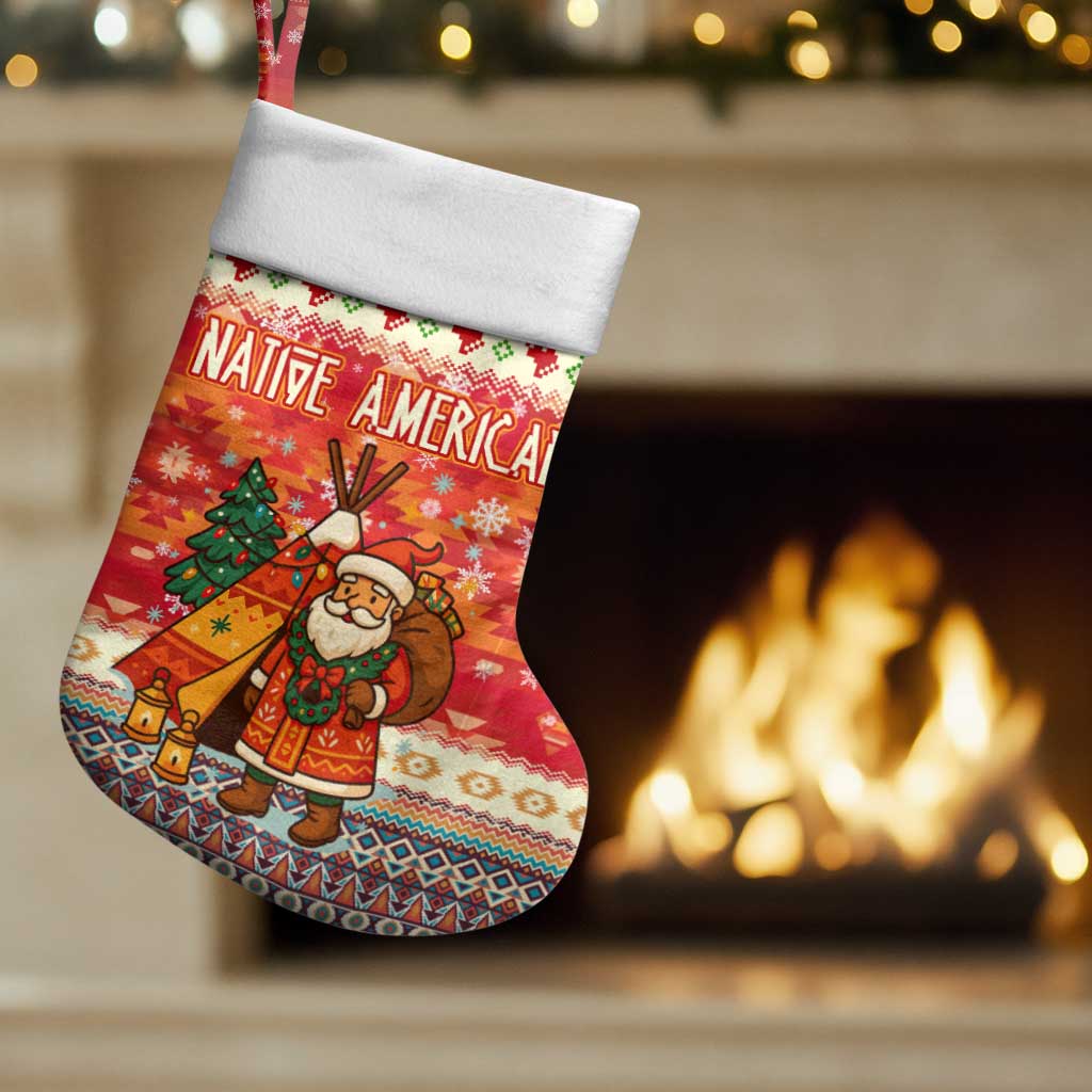 Native American Christmas Stocking with Red & Orange Geometric Pattern Santa Claus and Teepee Motif - Wonder Print Shop