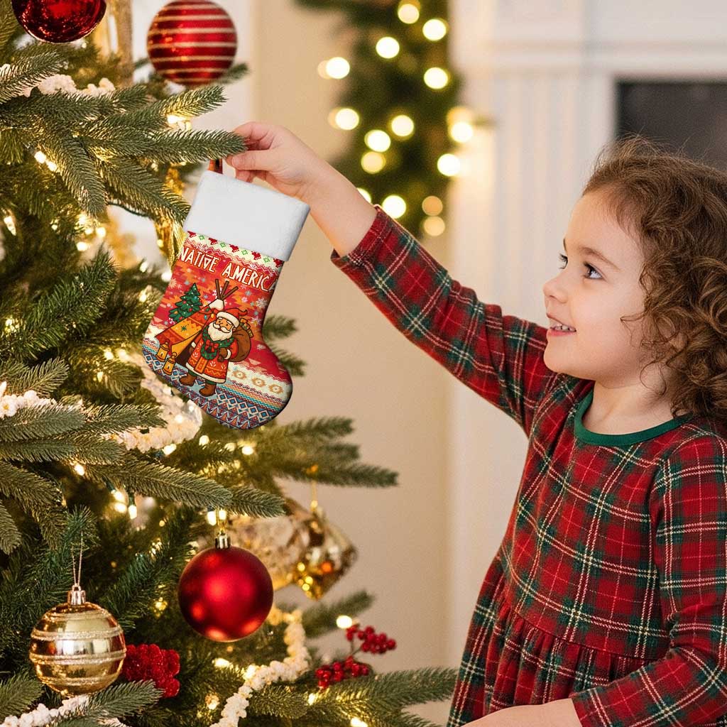 Native American Christmas Stocking with Red & Orange Geometric Pattern Santa Claus and Teepee Motif - Wonder Print Shop