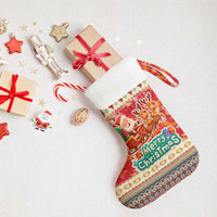 Native American Christmas Stocking with Red & Orange Geometric Pattern Santa Claus and Teepee Motif - Wonder Print Shop