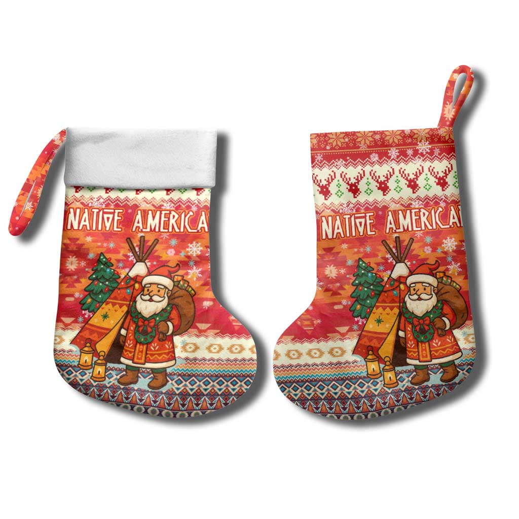 Native American Christmas Stocking with Red & Orange Geometric Pattern Santa Claus and Teepee Motif - Wonder Print Shop