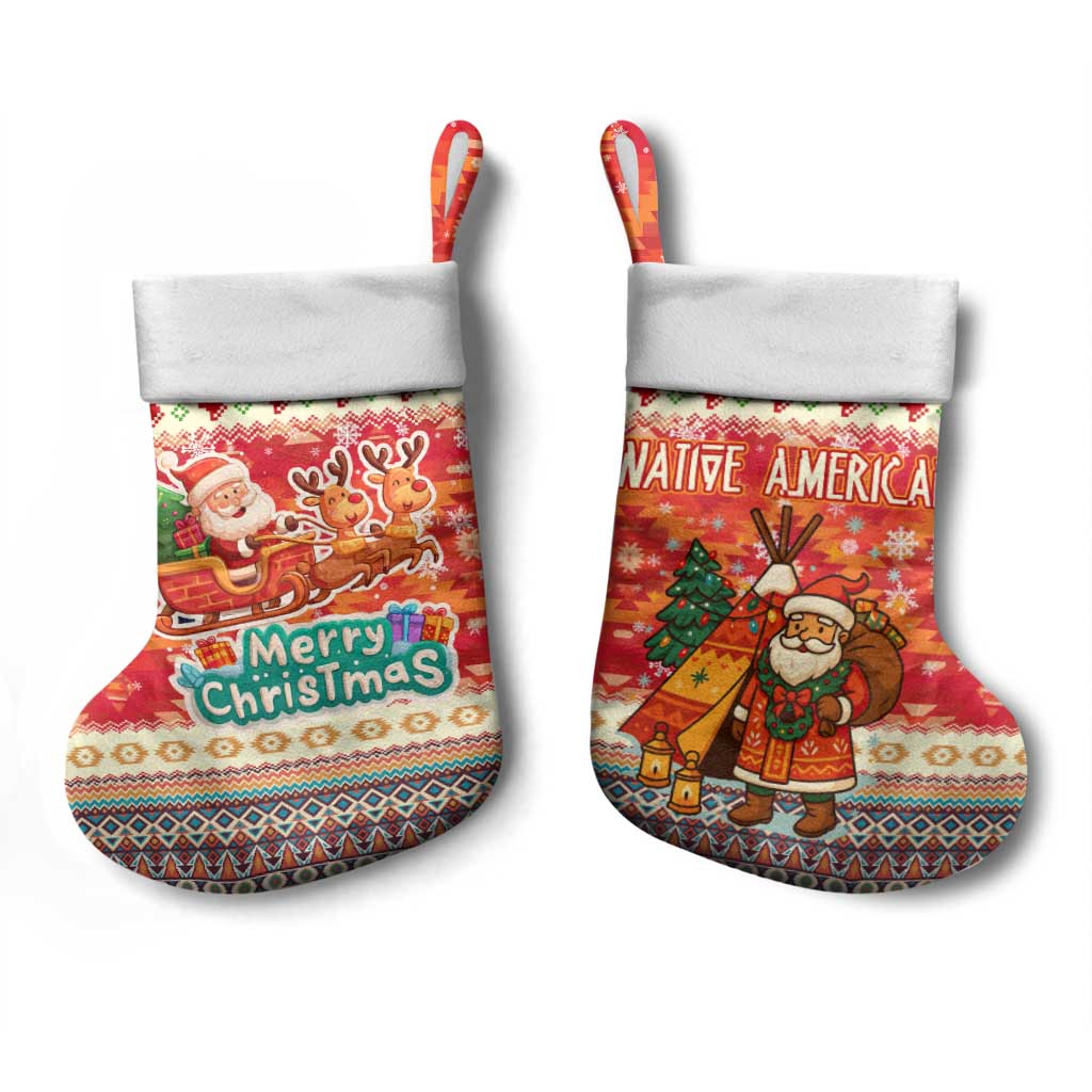 Native American Christmas Stocking with Red & Orange Geometric Pattern Santa Claus and Teepee Motif - Wonder Print Shop