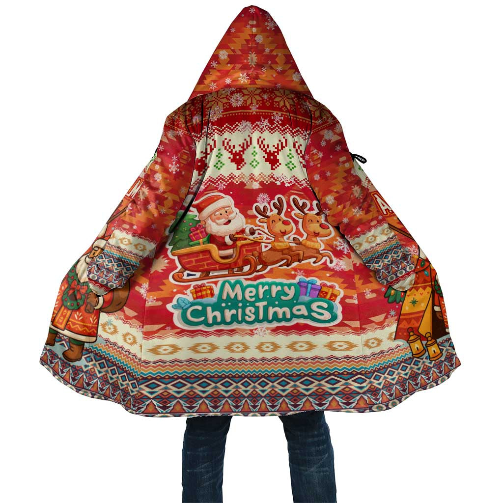 Native American Christmas Cloak with Red & Orange Geometric Pattern Santa Claus and Teepee Motif - Wonder Print Shop
