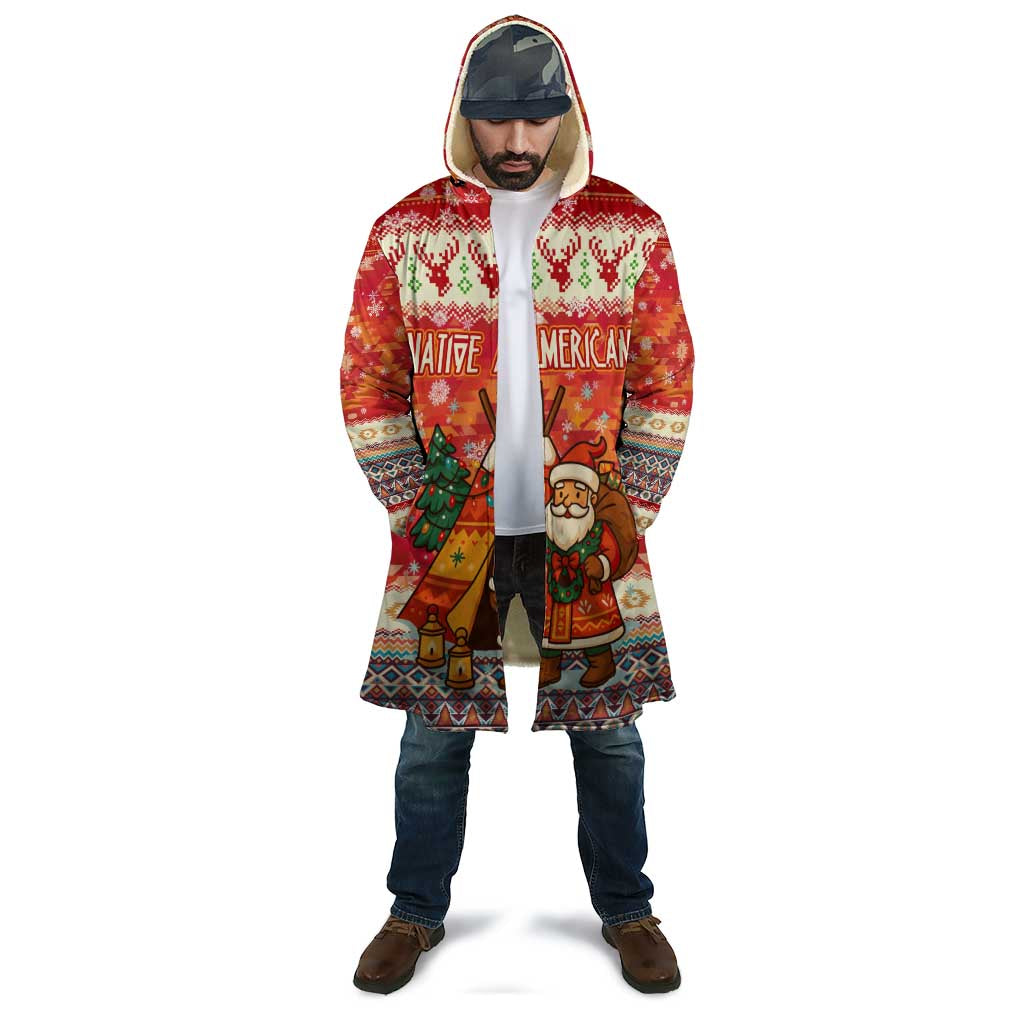 Native American Christmas Cloak with Red & Orange Geometric Pattern Santa Claus and Teepee Motif - Wonder Print Shop