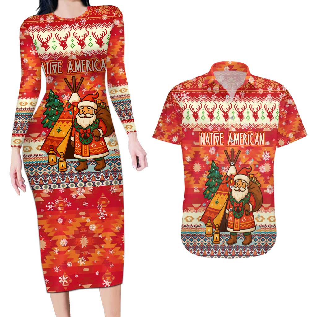 Native American Christmas Couples Matching Long Sleeve Bodycon Dress and Hawaiian Shirt with Red & Orange Geometric Pattern Santa Claus and Teepee Motif - Wonder Print Shop