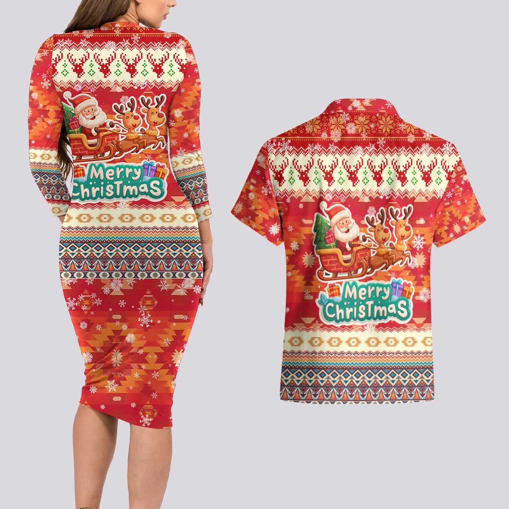 Native American Christmas Couples Matching Long Sleeve Bodycon Dress and Hawaiian Shirt with Red & Orange Geometric Pattern Santa Claus and Teepee Motif - Wonder Print Shop