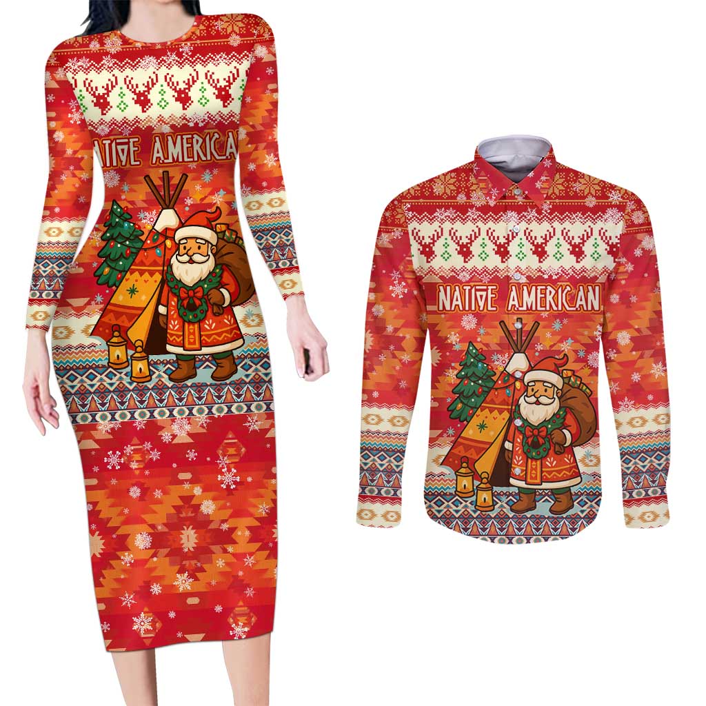 Native American Christmas Couples Matching Long Sleeve Bodycon Dress and Long Sleeve Button Shirt with Red & Orange Geometric Pattern Santa Claus and Teepee Motif - Wonder Print Shop