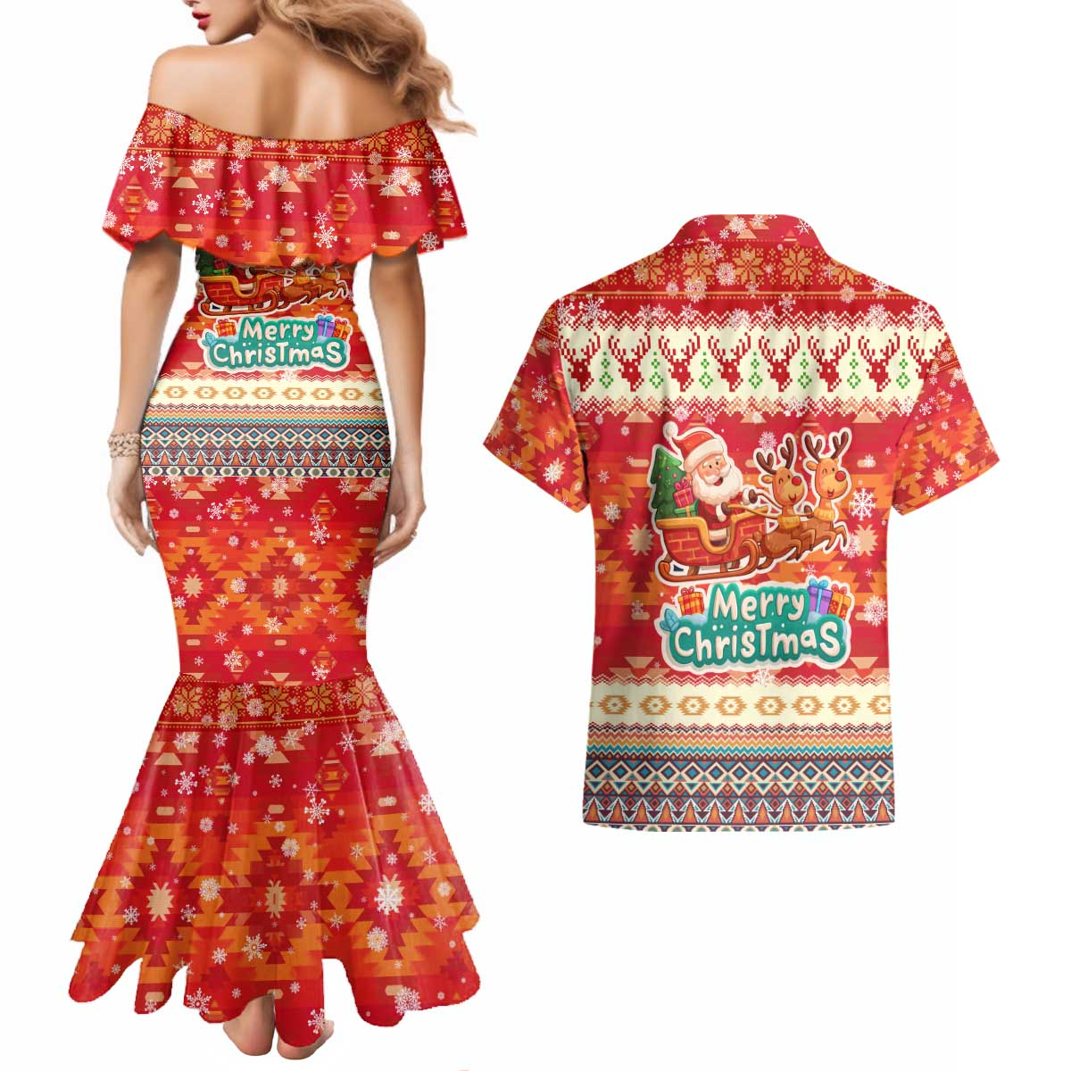 Native American Christmas Couples Matching Mermaid Dress and Hawaiian Shirt with Red & Orange Geometric Pattern Santa Claus and Teepee Motif - Wonder Print Shop