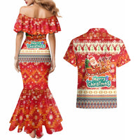 Native American Christmas Couples Matching Mermaid Dress and Hawaiian Shirt with Red & Orange Geometric Pattern Santa Claus and Teepee Motif - Wonder Print Shop