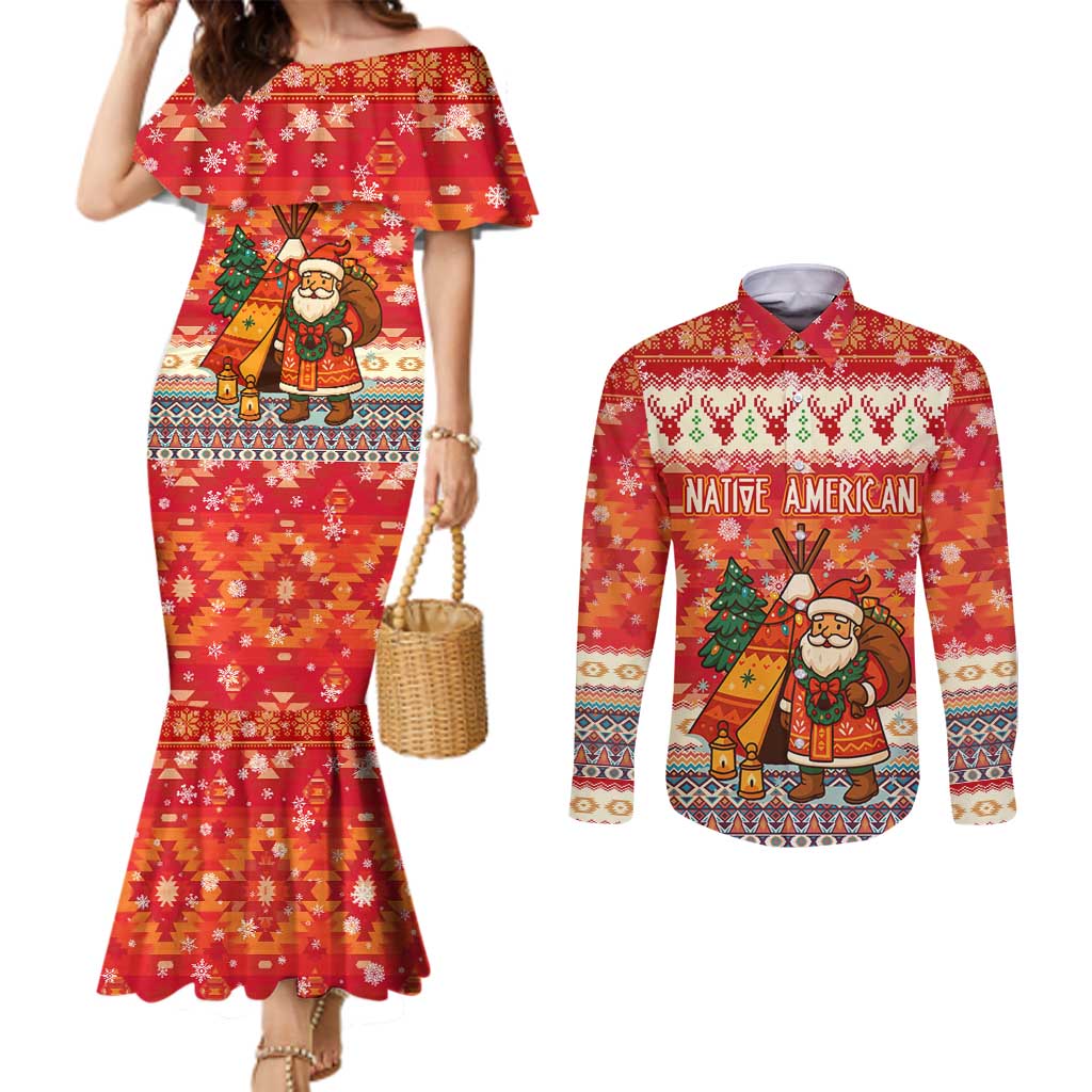 Native American Christmas Couples Matching Mermaid Dress and Long Sleeve Button Shirt with Red & Orange Geometric Pattern Santa Claus and Teepee Motif - Wonder Print Shop