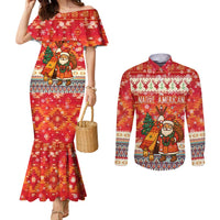 Native American Christmas Couples Matching Mermaid Dress and Long Sleeve Button Shirt with Red & Orange Geometric Pattern Santa Claus and Teepee Motif - Wonder Print Shop