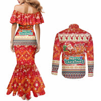 Native American Christmas Couples Matching Mermaid Dress and Long Sleeve Button Shirt with Red & Orange Geometric Pattern Santa Claus and Teepee Motif - Wonder Print Shop