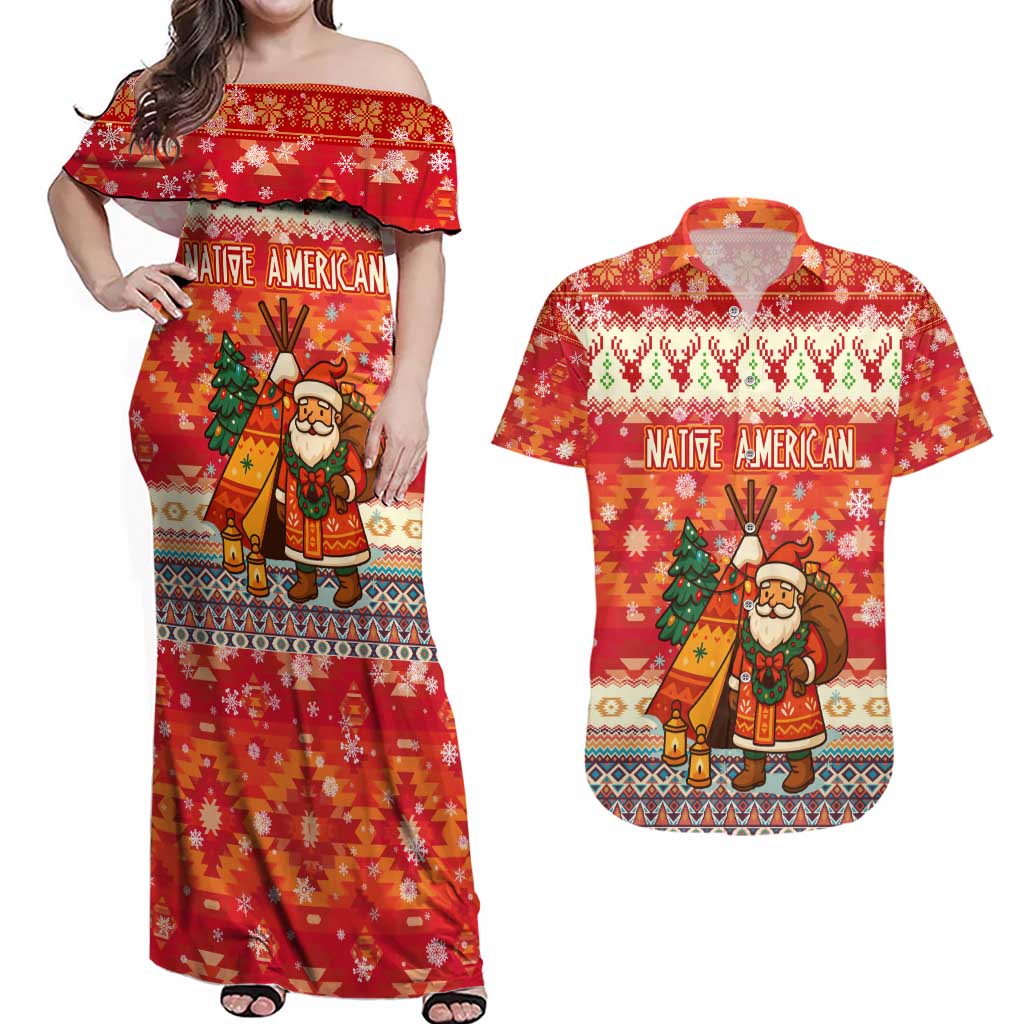 Native American Christmas Couples Matching Off Shoulder Maxi Dress and Hawaiian Shirt with Red & Orange Geometric Pattern Santa Claus and Teepee Motif - Wonder Print Shop