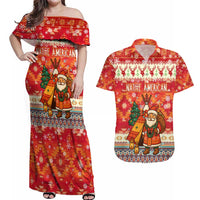 Native American Christmas Couples Matching Off Shoulder Maxi Dress and Hawaiian Shirt with Red & Orange Geometric Pattern Santa Claus and Teepee Motif - Wonder Print Shop