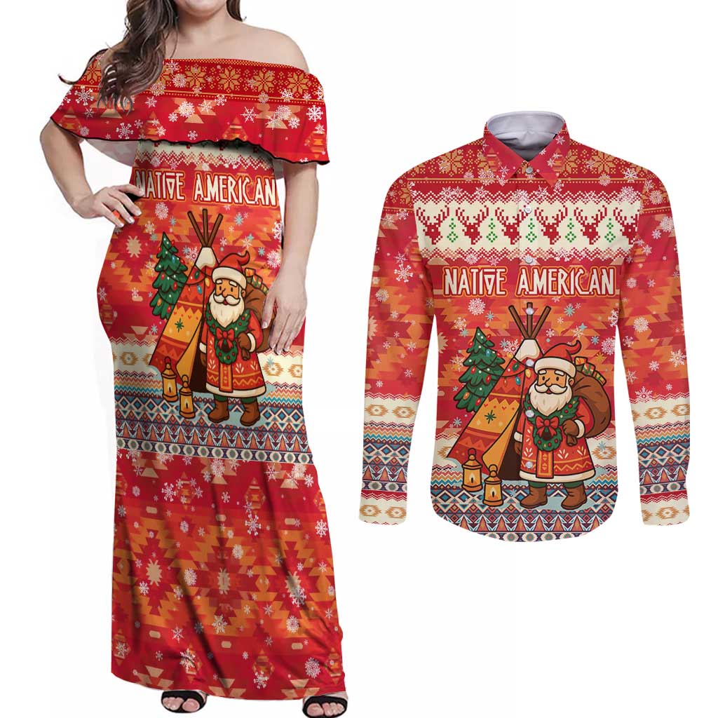 Native American Christmas Couples Matching Off Shoulder Maxi Dress and Long Sleeve Button Shirt with Red & Orange Geometric Pattern Santa Claus and Teepee Motif - Wonder Print Shop