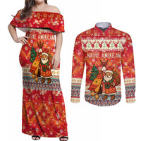 Native American Christmas Couples Matching Off Shoulder Maxi Dress and Long Sleeve Button Shirt with Red & Orange Geometric Pattern Santa Claus and Teepee Motif - Wonder Print Shop