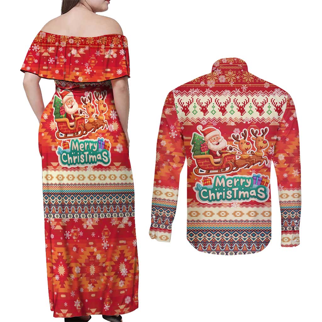 Native American Christmas Couples Matching Off Shoulder Maxi Dress and Long Sleeve Button Shirt with Red & Orange Geometric Pattern Santa Claus and Teepee Motif - Wonder Print Shop