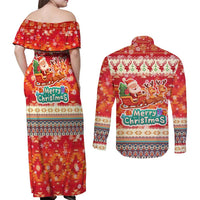 Native American Christmas Couples Matching Off Shoulder Maxi Dress and Long Sleeve Button Shirt with Red & Orange Geometric Pattern Santa Claus and Teepee Motif - Wonder Print Shop