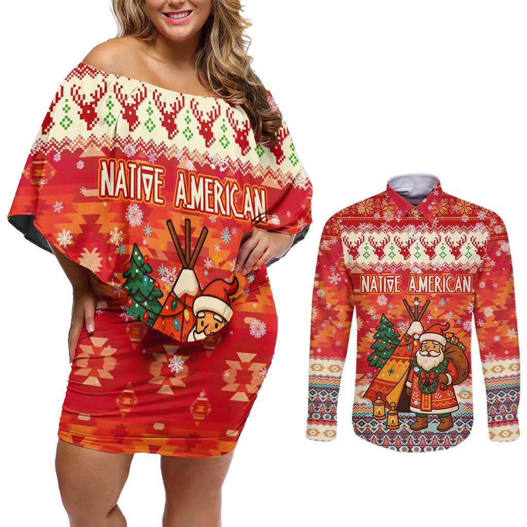 Native American Christmas Couples Matching Off Shoulder Short Dress and Long Sleeve Button Shirt with Red & Orange Geometric Pattern Santa Claus and Teepee Motif - Wonder Print Shop