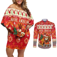 Native American Christmas Couples Matching Off Shoulder Short Dress and Long Sleeve Button Shirt with Red & Orange Geometric Pattern Santa Claus and Teepee Motif - Wonder Print Shop