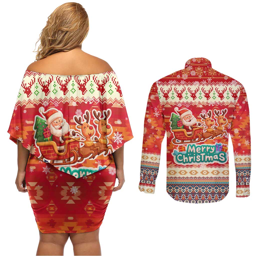 Native American Christmas Couples Matching Off Shoulder Short Dress and Long Sleeve Button Shirt with Red & Orange Geometric Pattern Santa Claus and Teepee Motif - Wonder Print Shop