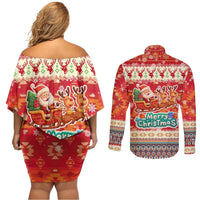 Native American Christmas Couples Matching Off Shoulder Short Dress and Long Sleeve Button Shirt with Red & Orange Geometric Pattern Santa Claus and Teepee Motif - Wonder Print Shop