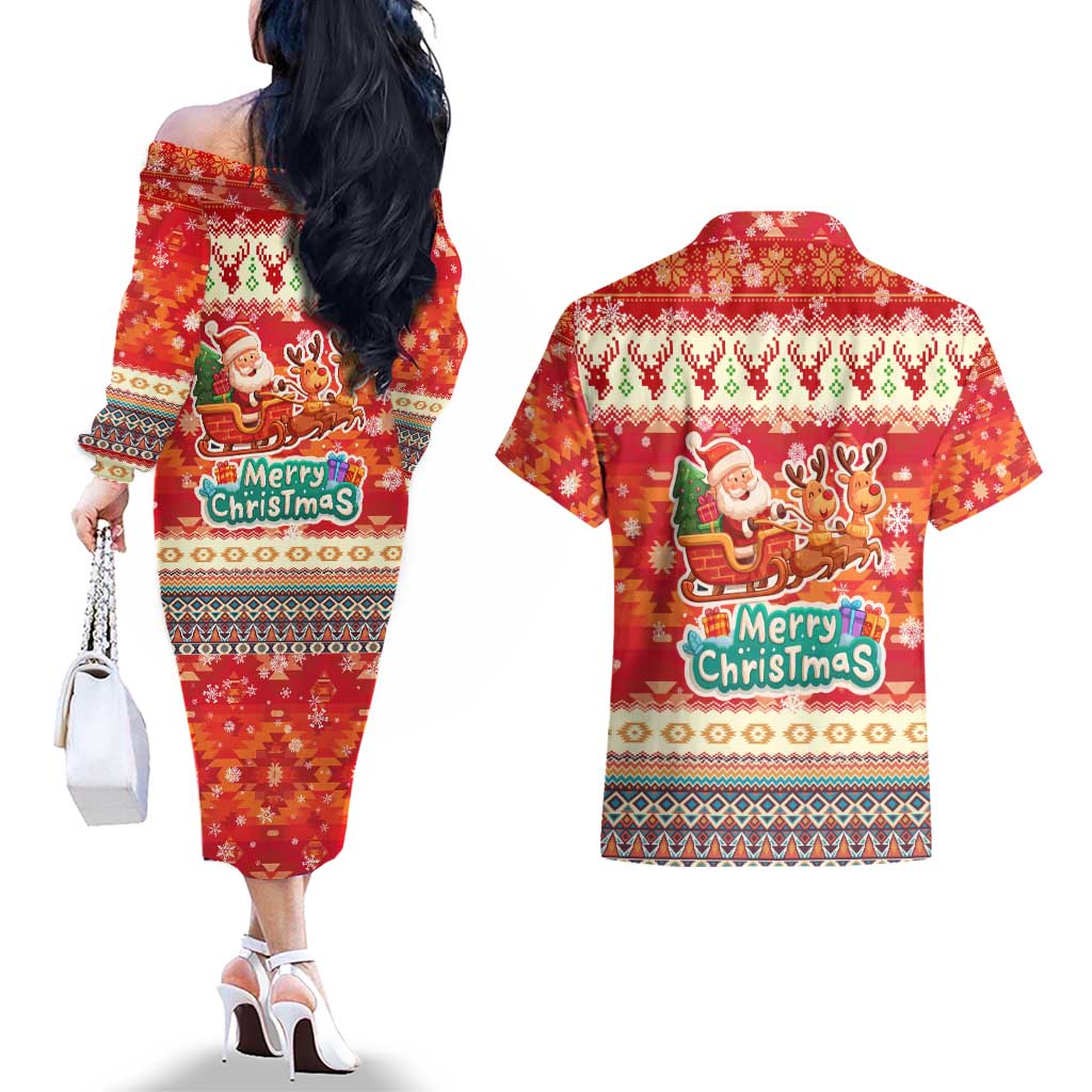 Native American Christmas Couples Matching Off The Shoulder Long Sleeve Dress and Hawaiian Shirt with Red & Orange Geometric Pattern Santa Claus and Teepee Motif - Wonder Print Shop