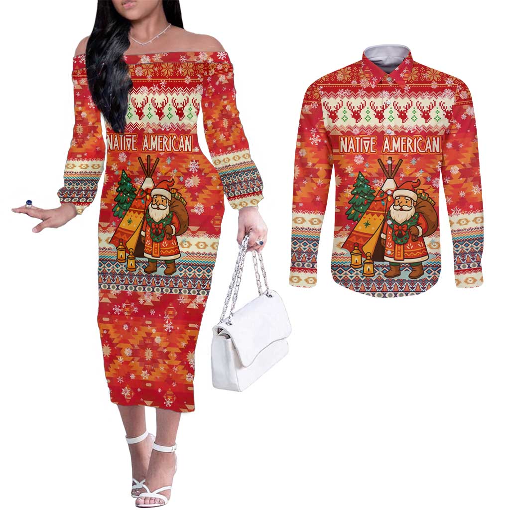 Native American Christmas Couples Matching Off The Shoulder Long Sleeve Dress and Long Sleeve Button Shirt with Red & Orange Geometric Pattern Santa Claus and Teepee Motif - Wonder Print Shop