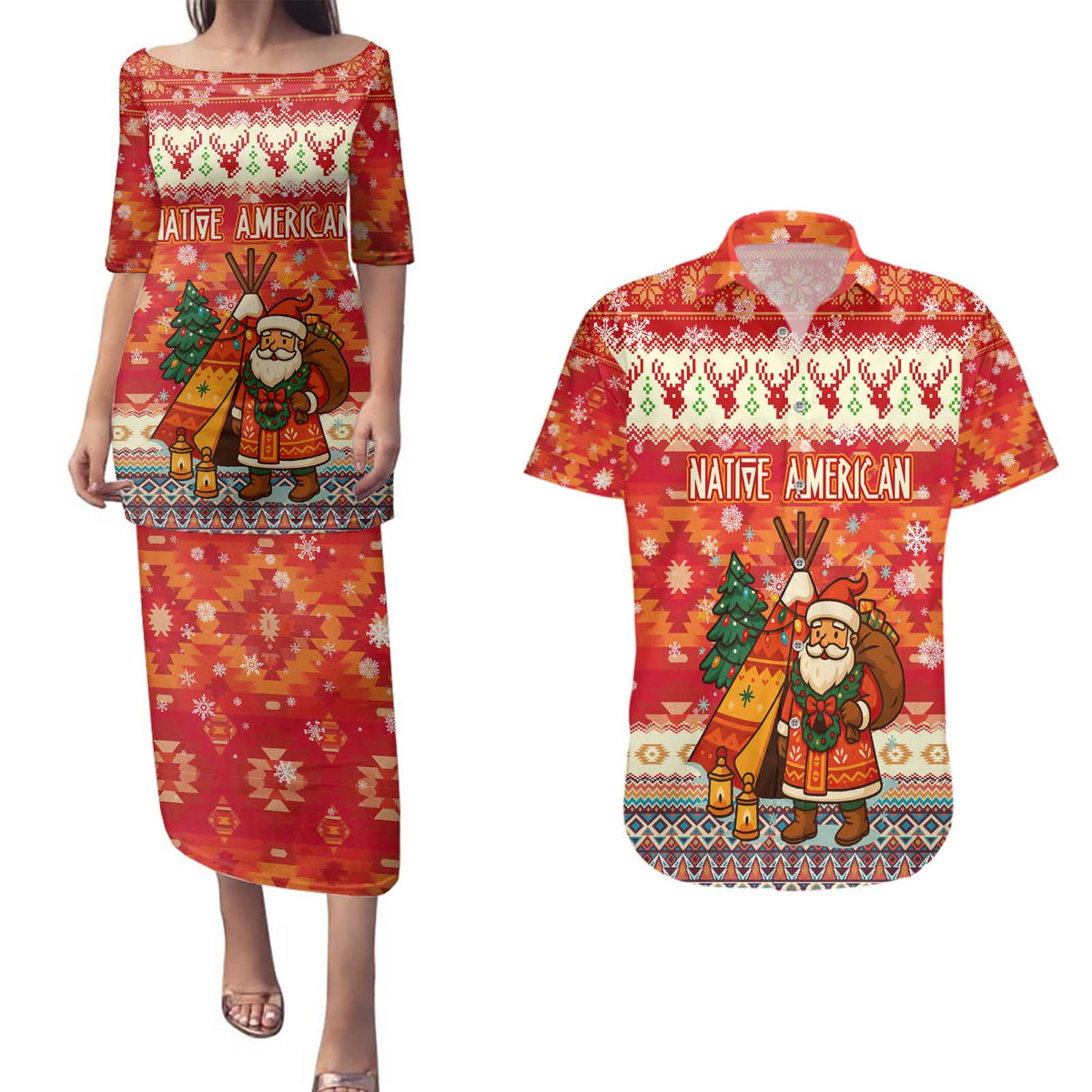 Native American Christmas Couples Matching Puletasi and Hawaiian Shirt with Red & Orange Geometric Pattern Santa Claus and Teepee Motif - Wonder Print Shop