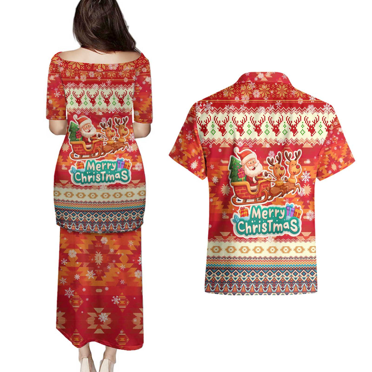 Native American Christmas Couples Matching Puletasi and Hawaiian Shirt with Red & Orange Geometric Pattern Santa Claus and Teepee Motif - Wonder Print Shop