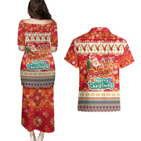Native American Christmas Couples Matching Puletasi and Hawaiian Shirt with Red & Orange Geometric Pattern Santa Claus and Teepee Motif - Wonder Print Shop