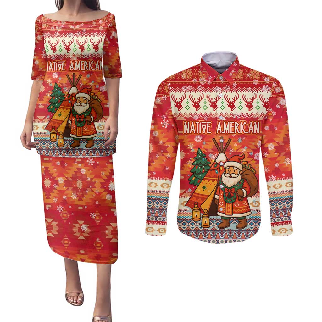 Native American Christmas Couples Matching Puletasi and Long Sleeve Button Shirt with Red & Orange Geometric Pattern Santa Claus and Teepee Motif - Wonder Print Shop