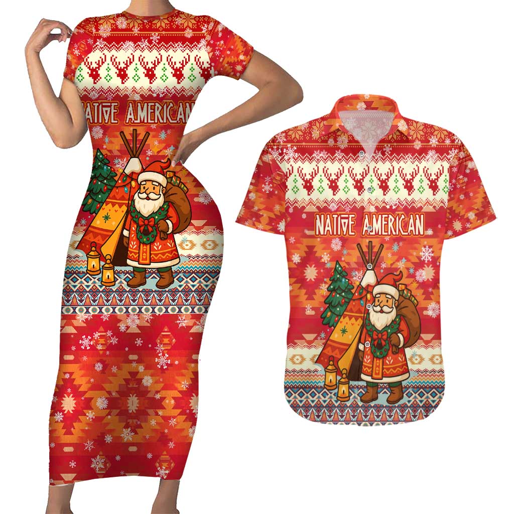 Native American Christmas Couples Matching Short Sleeve Bodycon Dress and Hawaiian Shirt with Red & Orange Geometric Pattern Santa Claus and Teepee Motif - Wonder Print Shop