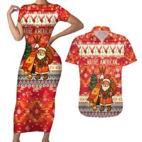Native American Christmas Couples Matching Short Sleeve Bodycon Dress and Hawaiian Shirt with Red & Orange Geometric Pattern Santa Claus and Teepee Motif - Wonder Print Shop