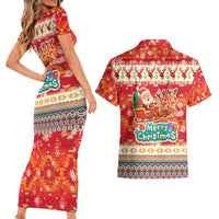 Native American Christmas Couples Matching Short Sleeve Bodycon Dress and Hawaiian Shirt with Red & Orange Geometric Pattern Santa Claus and Teepee Motif - Wonder Print Shop