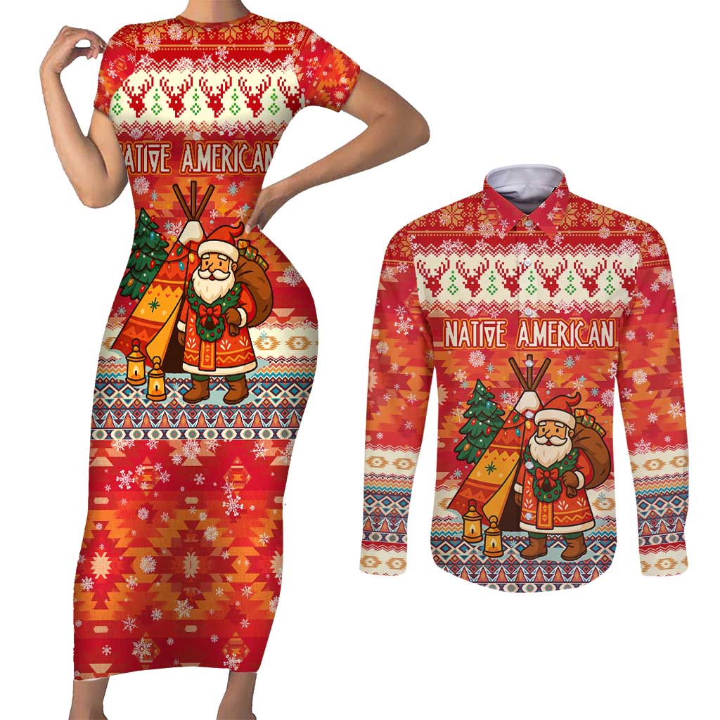 Native American Christmas Couples Matching Short Sleeve Bodycon Dress and Long Sleeve Button Shirt with Red & Orange Geometric Pattern Santa Claus and Teepee Motif - Wonder Print Shop