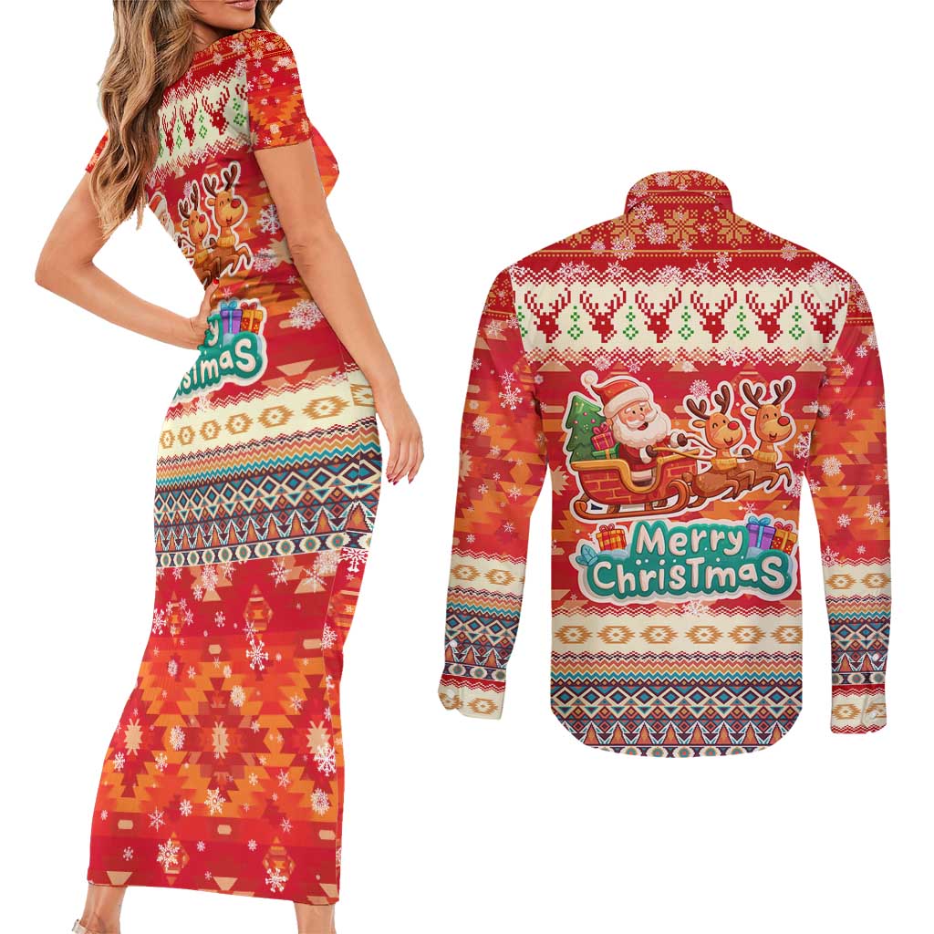Native American Christmas Couples Matching Short Sleeve Bodycon Dress and Long Sleeve Button Shirt with Red & Orange Geometric Pattern Santa Claus and Teepee Motif - Wonder Print Shop