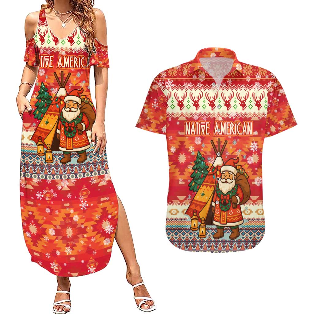 Native American Christmas Couples Matching Summer Maxi Dress and Hawaiian Shirt with Red & Orange Geometric Pattern Santa Claus and Teepee Motif - Wonder Print Shop