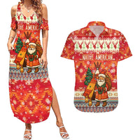 Native American Christmas Couples Matching Summer Maxi Dress and Hawaiian Shirt with Red & Orange Geometric Pattern Santa Claus and Teepee Motif - Wonder Print Shop