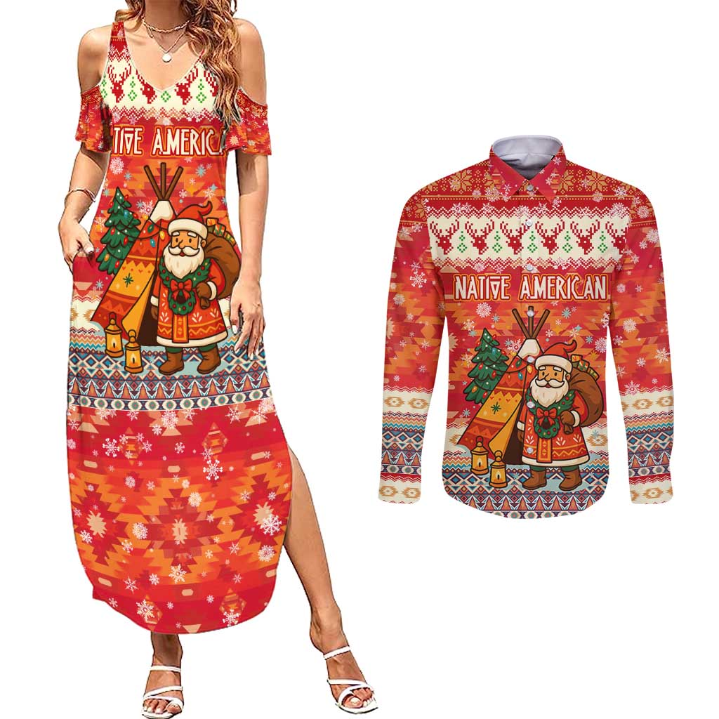 Native American Christmas Couples Matching Summer Maxi Dress and Long Sleeve Button Shirt with Red & Orange Geometric Pattern Santa Claus and Teepee Motif - Wonder Print Shop
