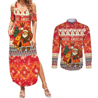 Native American Christmas Couples Matching Summer Maxi Dress and Long Sleeve Button Shirt with Red & Orange Geometric Pattern Santa Claus and Teepee Motif - Wonder Print Shop