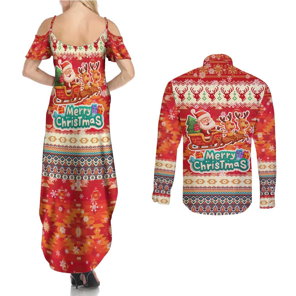 Native American Christmas Couples Matching Summer Maxi Dress and Long Sleeve Button Shirt with Red & Orange Geometric Pattern Santa Claus and Teepee Motif - Wonder Print Shop