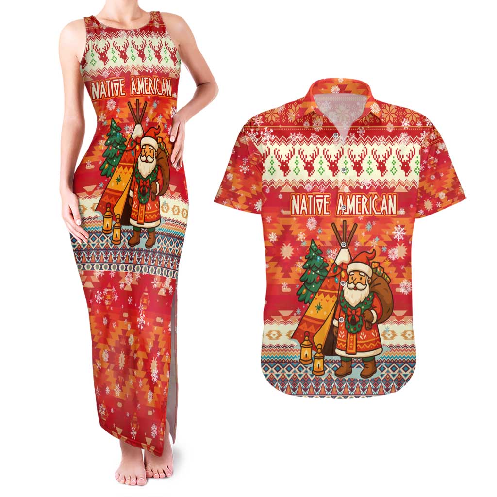 Native American Christmas Couples Matching Tank Maxi Dress and Hawaiian Shirt with Red & Orange Geometric Pattern Santa Claus and Teepee Motif - Wonder Print Shop