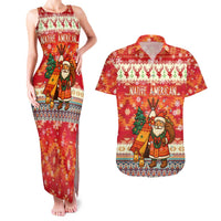 Native American Christmas Couples Matching Tank Maxi Dress and Hawaiian Shirt with Red & Orange Geometric Pattern Santa Claus and Teepee Motif - Wonder Print Shop