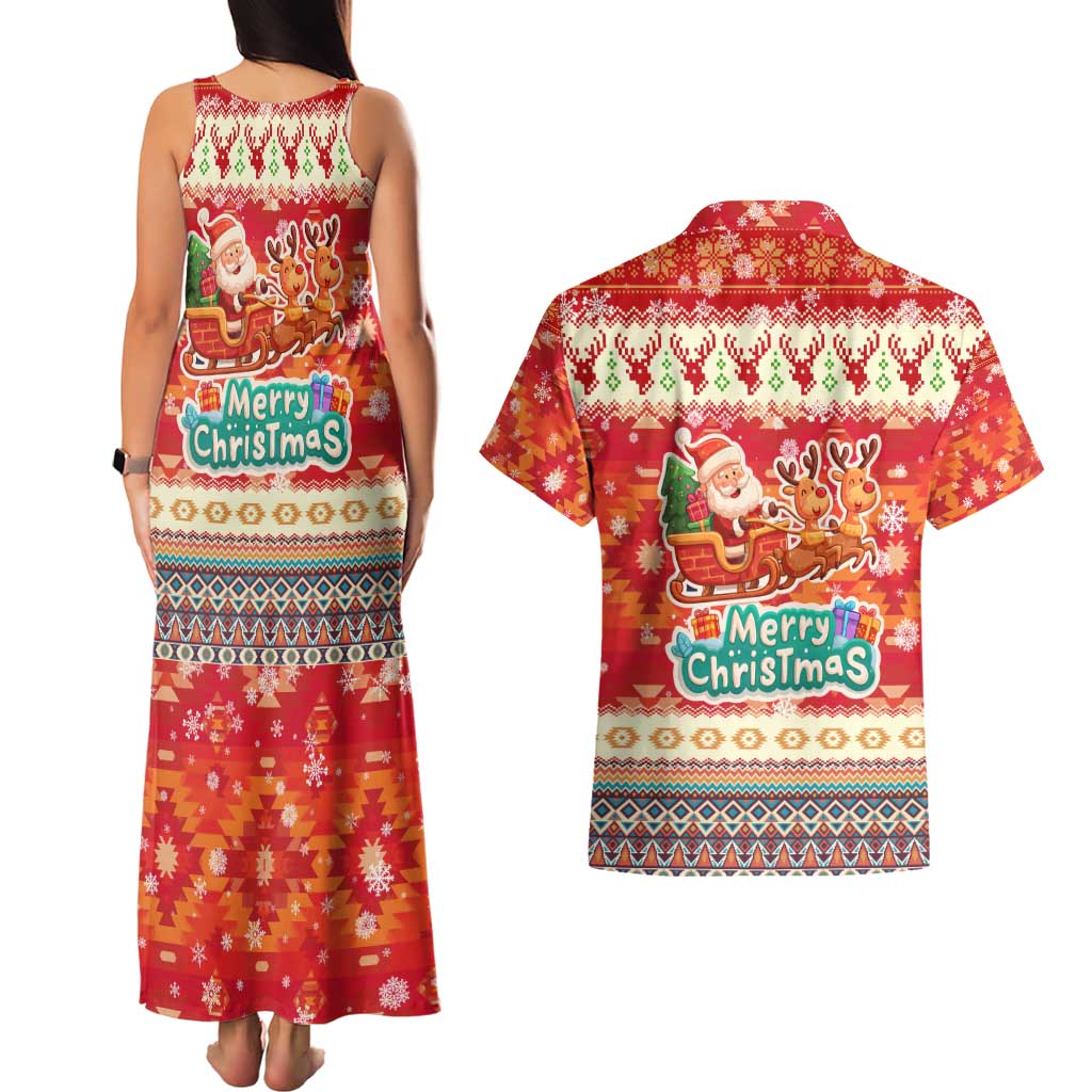 Native American Christmas Couples Matching Tank Maxi Dress and Hawaiian Shirt with Red & Orange Geometric Pattern Santa Claus and Teepee Motif - Wonder Print Shop