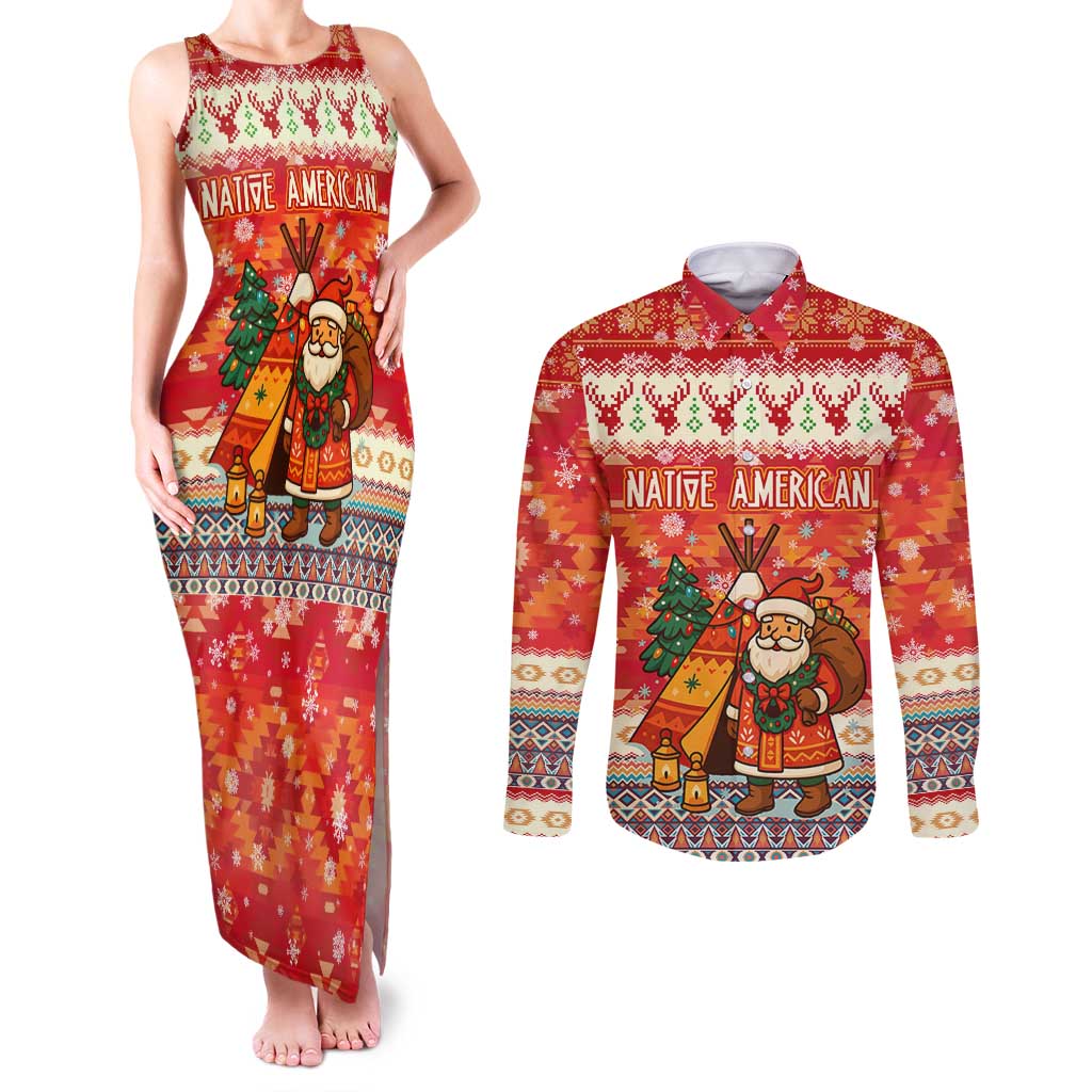 Native American Christmas Couples Matching Tank Maxi Dress and Long Sleeve Button Shirt with Red & Orange Geometric Pattern Santa Claus and Teepee Motif - Wonder Print Shop