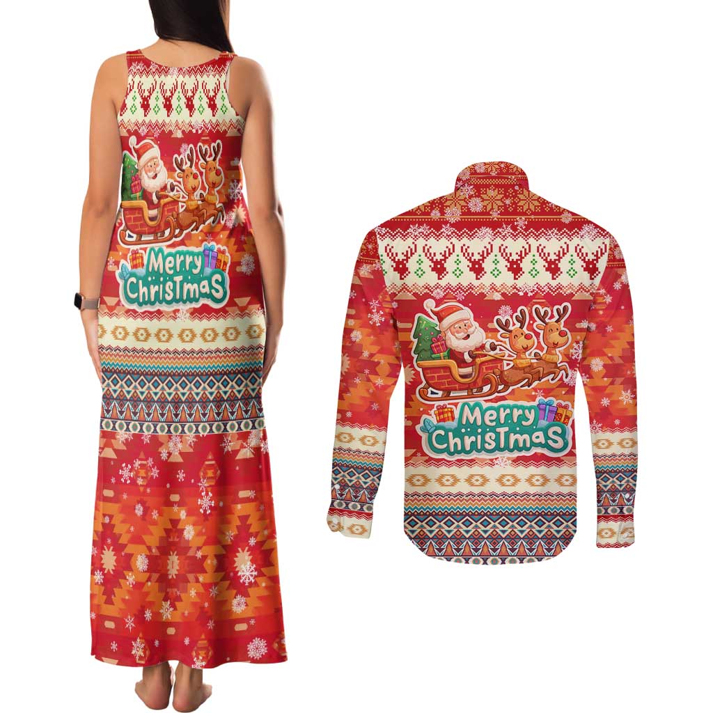 Native American Christmas Couples Matching Tank Maxi Dress and Long Sleeve Button Shirt with Red & Orange Geometric Pattern Santa Claus and Teepee Motif - Wonder Print Shop