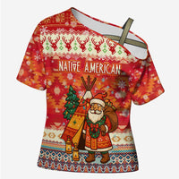 Native American Christmas Cross Shoulder Shirt with Red & Orange Geometric Pattern Santa Claus and Teepee Motif - Wonder Print Shop