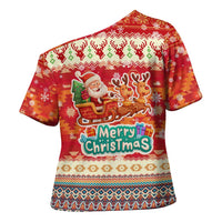 Native American Christmas Cross Shoulder Shirt with Red & Orange Geometric Pattern Santa Claus and Teepee Motif - Wonder Print Shop
