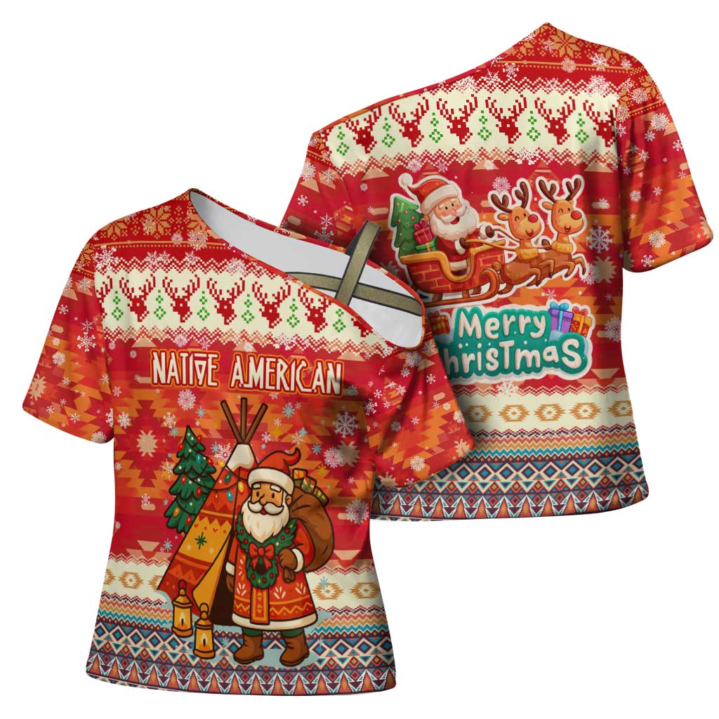 Native American Christmas Cross Shoulder Shirt with Red & Orange Geometric Pattern Santa Claus and Teepee Motif - Wonder Print Shop